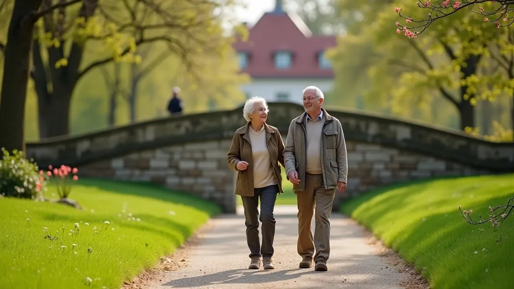 Seniori pastaigā pa muižas parku, soļi uz tiltiņa, pavasara laiks